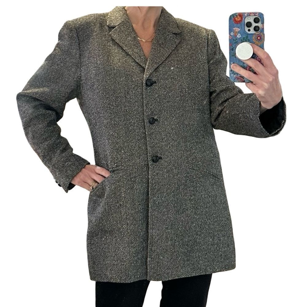 NORDSTROM Tweed Gray Black White Wool Silk Long Button Blazer Size 14